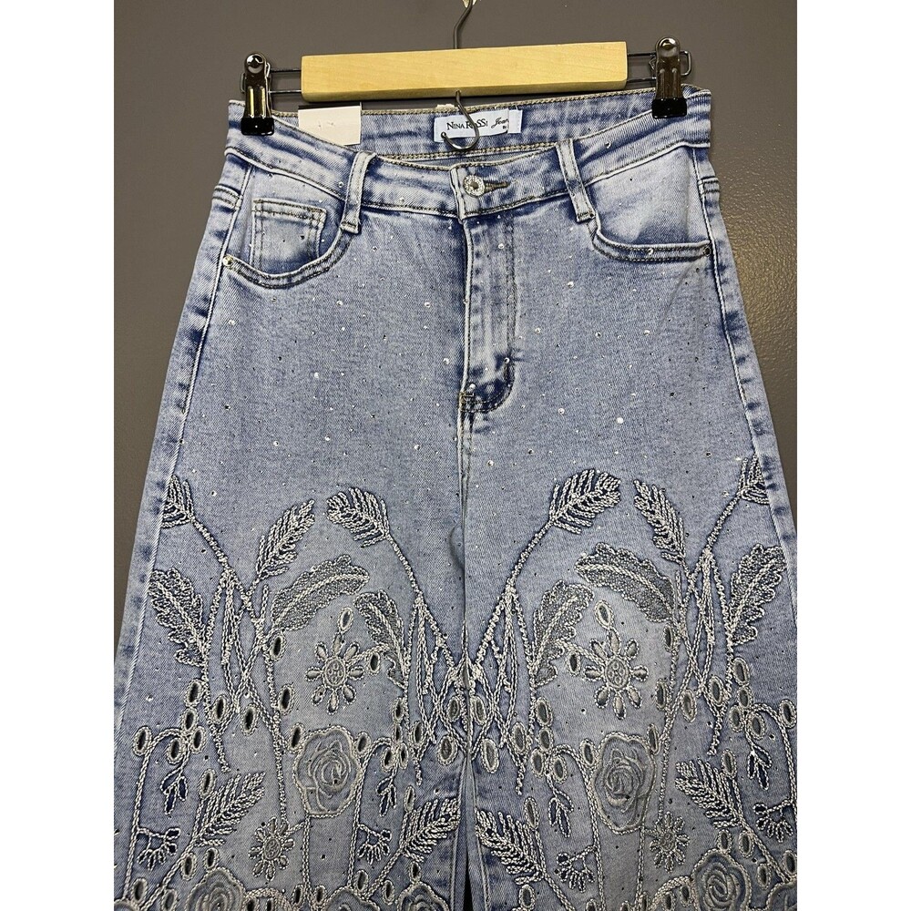 Nina Rossi Jeans Jeans Womens M Light Wash High Rise Wide Leg Embroidered Denim